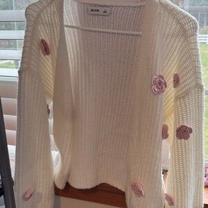 Hollister Women's Cream Cardigan with Pink Floral Details